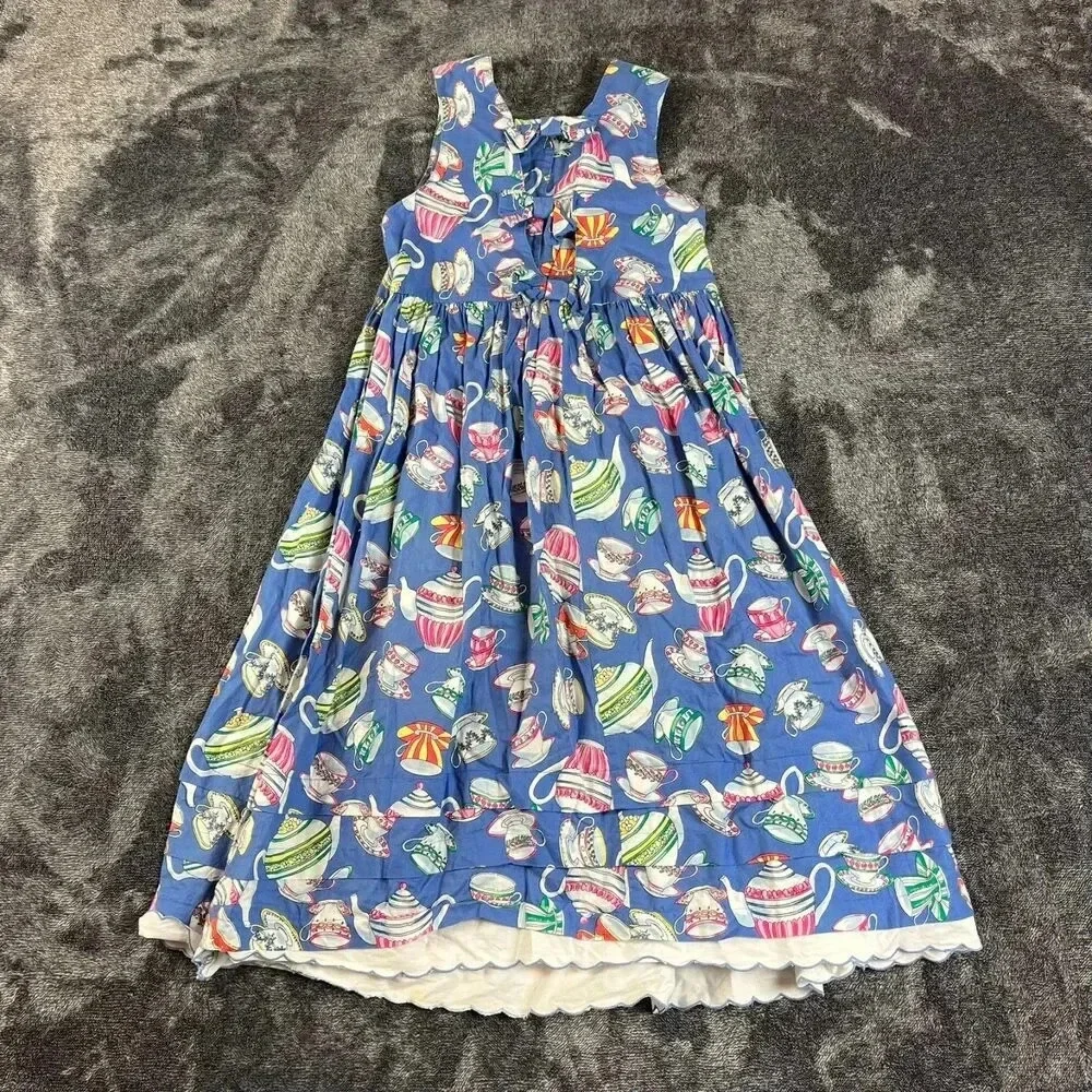 Vtg Cary San Francisco Sleeveless Tea Cup Print Dress Girls 7 Blue Buttons